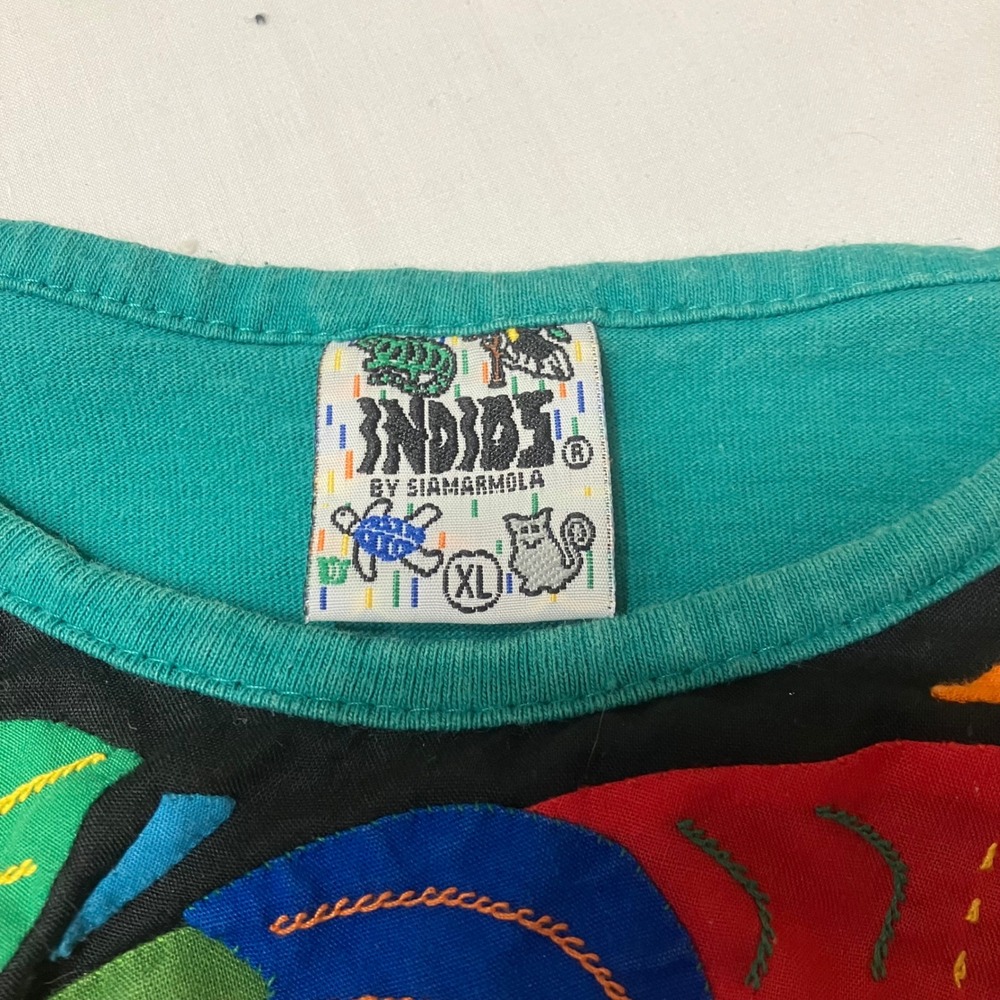 Indios by Siamarmola Womens XL Teal Mola Parrot Hand Made T-Shirt Costa Rica - Picture 3 of 7